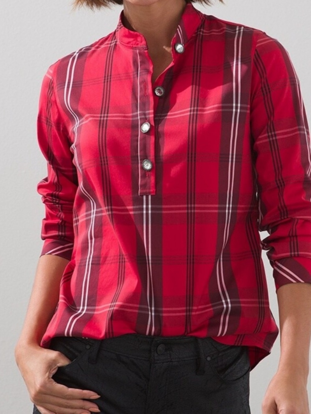 Chico's Red Plaid Crystal Bling Holiday Christmas Blouse Button Down 3 XL 16 18 - Picture 16 of 16